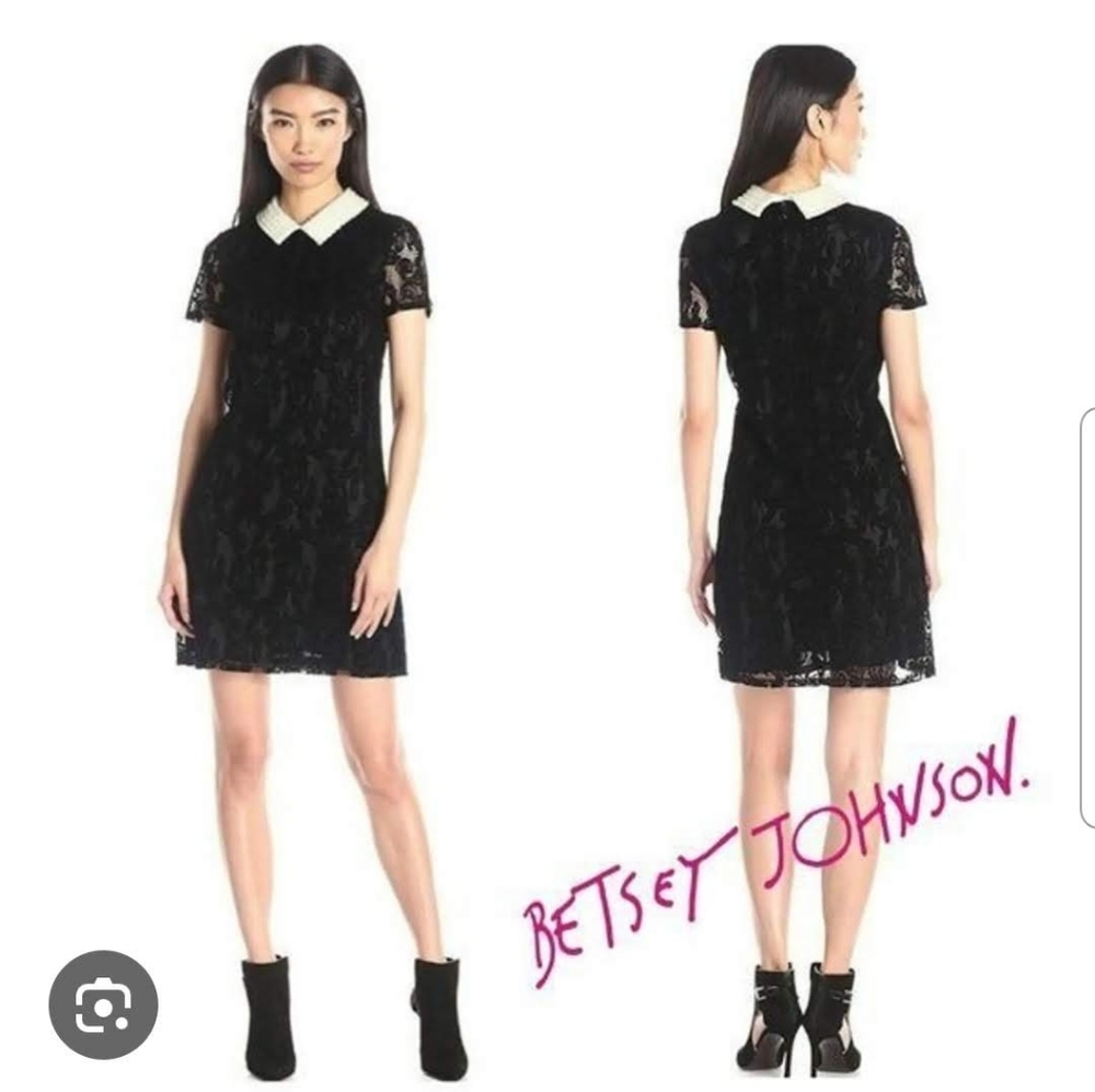 Betsey Johnson Black Lace Sheath Dress Pearl Collar Size 6
